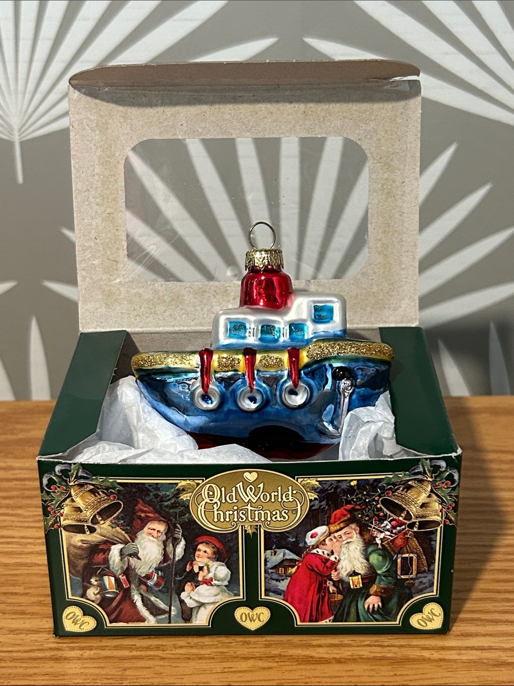 Old World Christmas Glass Blue Boat Nautical Christmas Tree Ornament